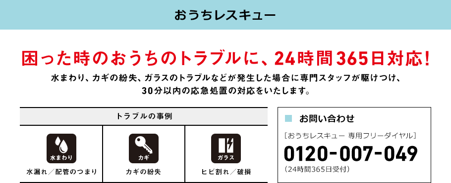 おうちレスキュー 困った時のおうちのトラブルに、 24時間365日対応! 水まわり、カギの紛失、ガラスのトラブルなどが 発生した場合に専門スタッフが駆けつけ、 30分以内の応急処置の対応をいたします。 トラブルの事例 水まわり 水漏れ／ 配管のつまり カギ カギの紛失 ガラス ヒビ割れ／ 破損 ■お問い合わせ ［おうちレスキュー 専用フリーダイヤル］ 0120-007-049 （24時間365日受付）
