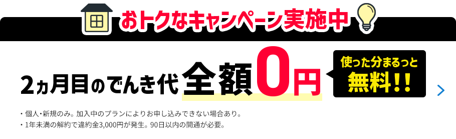 おトクなキャンペーン実施中 2ヵ月目のでんき代全額0円 使った分まるっと無料！！