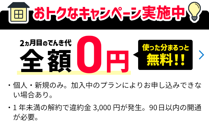 おトクなキャンペーン実施中 2ヵ月目のでんき代全額0円 使った分まるっと無料！！