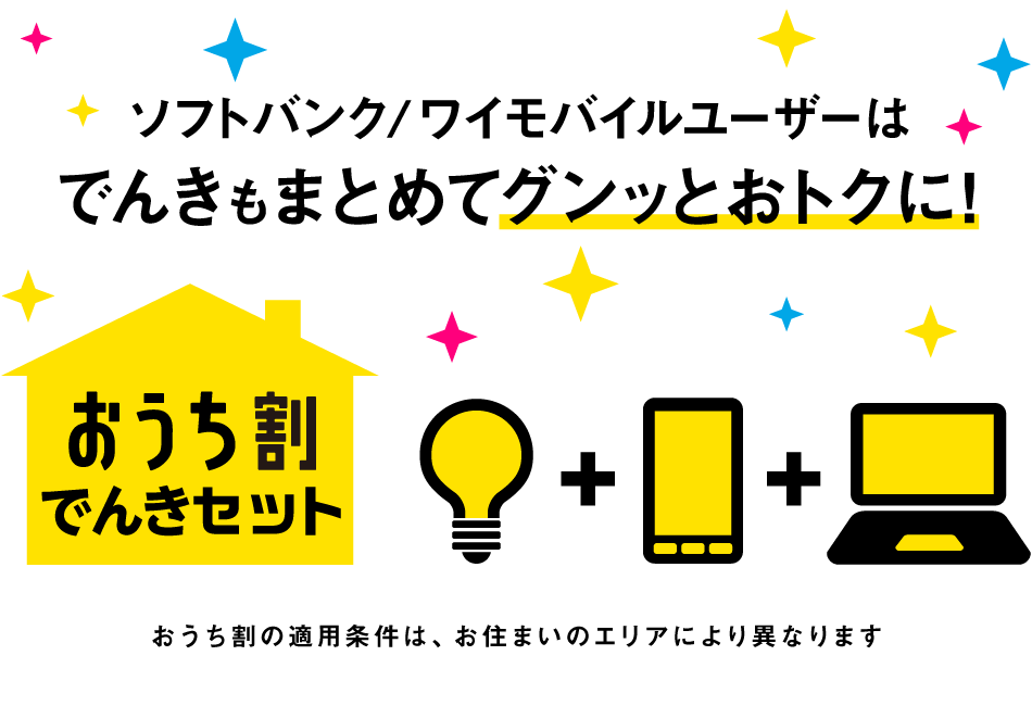 ソフトバンク／ワイモバイルユーザーはでんきもまとめてグンッとおトクに！ おうち割でんきセット おうち割の適用条件は、お住まいのエリアにより異なります
