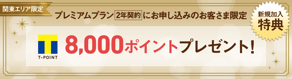 関東エリア限定 新規加入特典 プレミアムプラン2年契約にお申し込みのお客さま限定 T-POINT8,000ポイントプレゼント！