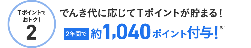 Tポイントでおトク！2 でんき代に応じてTポイントが貯まる！ 2年間で約1,040ポイント付与！※1