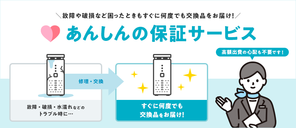 故障や破損など困ったときもすぐに何度でも交換品をお届け！あんしんの保証サービス 高額出費の心配も不要です！故障・破損・水濡れなどのトラブル時に…すぐに何度でも交換品をお届け！