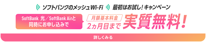 ソフトバンクのメッシュWi-Fi 最初はお試し！キャンペーン SoftBank 光／SoftBank Airと同時にお申し込みで月額基本料金2ヵ月目まで実質無料！詳しくみる