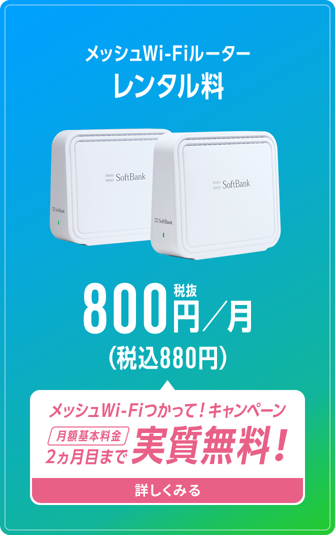 メッシュWi-Fiルーター レンタル料 800円／月 税抜（税込880円）