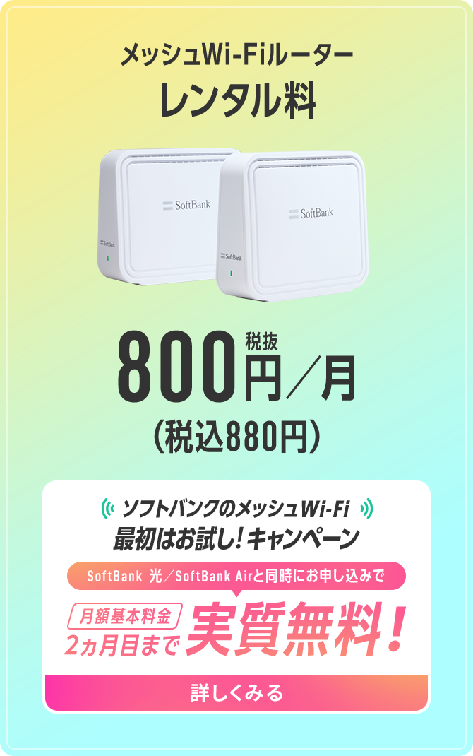 メッシュWi-Fiルーター レンタル料 800円／月（税抜）（税込880円）