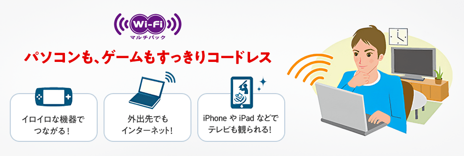 パソコンも、ゲームもすっきりコードレス イロイロな機器でつながる！ 外出先でもインターネット！ iPhone や iPad などでテレビも観られる！