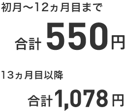 初月～12ヵ月目まで 合計550円 13ヵ月目以降 合計1,078円