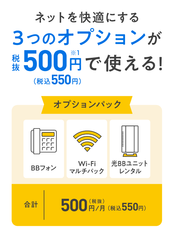 ネットを快適にする３つのオプションが税抜500円（税込550円）※1で使える！ オプションパック BBフォン Wi-Fiマルチパック 光BBユニットレンタル 合計 500円／月（税抜）（税込550円）