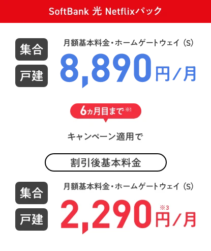 SoftBank 光 Netflixパック 集合 戸建 月額基本料金・ホームゲートウェイ（S）8,890円／月 6ヵ月目まで※1 キャンペーン適用で 割引後基本料金 集合 戸建 月額基本料金・ホームゲートウェイ（S）2,290円※3／月