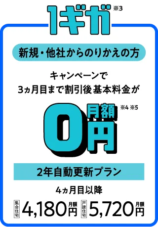 他社からのりかえの方 1ギガ※3 キャンペーンで3ヵ月目まで割引後 基本料金 が0円※4 ※5 2年自動更新プラン 4ヵ月目以降 集合住宅月額4,180円 戸建住宅月額5,720円