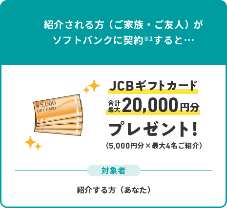 紹介される方（ご家族・ご友人）がソフトバンクに契約すると…JCBギフトカード合計最大20,000円分プレゼント！