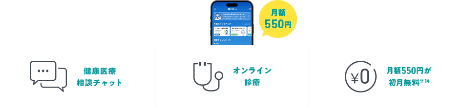 月額550円 健康医療相談チャット、オンライン診断、月額550円が初月無料