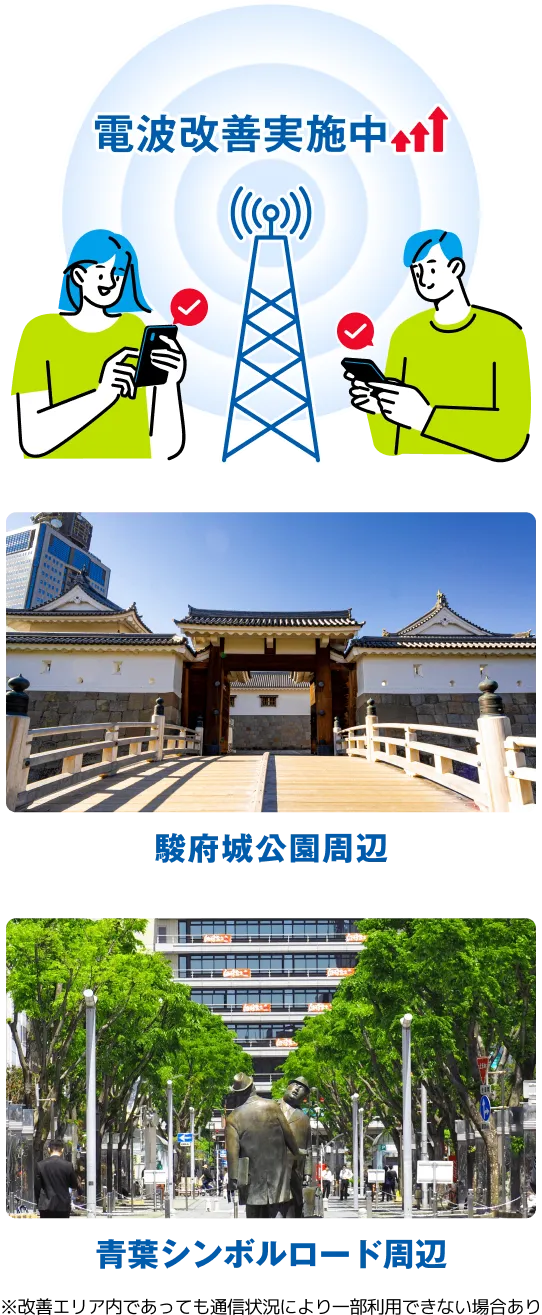 電波改善実施中 駿府城公園周辺 青葉シンボルロード周辺 ※改善エリア内であっても通信状況により一部利用できない場合あり