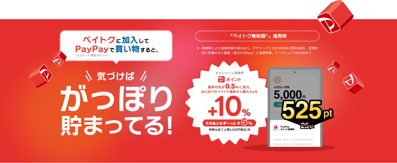 ペイトクに加入してPayPay(クレジット/残高/ポイント)で買い物すると、気づけばがっぽり貯まってる! 「ペイトク無制限※」適用時 ※時間帯により速度制限の場合あり。テザリングと合計200GB/月越の場合、通常利用に影響のない範囲(最大4.5Mbps)に速度制御。データシェアは50GBまで キャンペーン実施中 PayPayポイント基本付与分0.5%に加え、はじめてのペイトク適用から最大3カ月 +10%(そのあともずーっと+5%) 特典は全て上限4,000円相当/月