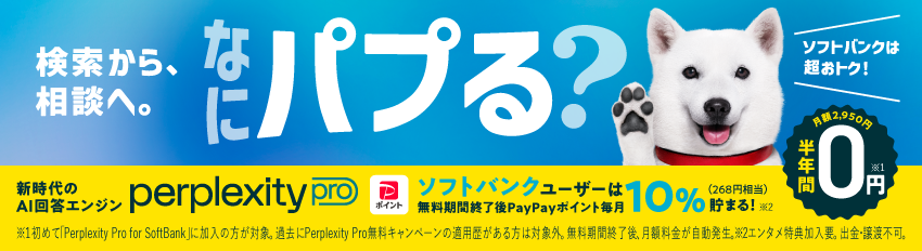 ソフトバンクは超おトク！検索から、相談へ。なにパプる？新時代のAI回答エンジン Perplexity Pro が月額2,950円 半年間0円※1 ソフトバンクユーザーは無料期間終了後PayPayポイント毎月10%貯まる!※2（268円相当） ※1初めて「Perplexity Pro for SoftBank」に加入の方が対象。過去にPerplexity Pro 無料キャンペーンの適用歴がある方は対象外。 無料期間終了後、月額料金が自動発生。 ※2エンタメ特典加入要。出金・譲渡不可。
