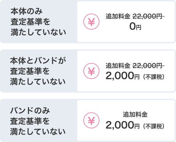 本体のみ査定基準を満たしていない お支払い額0円 本体とバンドが査定基準を満たしていない お支払い額2,000円（不課税） バンドのみ査定基準を満たしていない お支払い額2,000円（不課税）