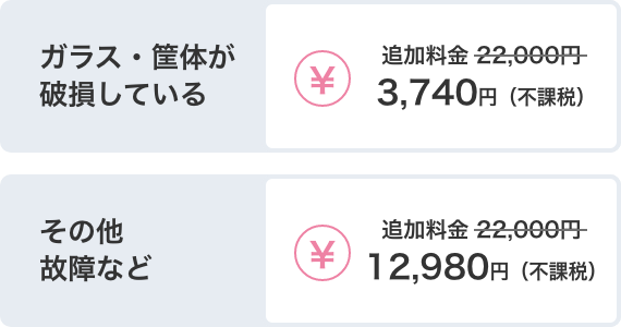 ガラス・筐体が破損している　お支払い額3,740円（不課税）その他故障など　お支払い額12,980円（不課税）