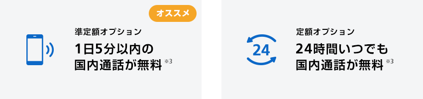 準定額オプション 1日5分以内の国内通話が無料※3 定額オプション 24時間いつでも国内通話が無料※3