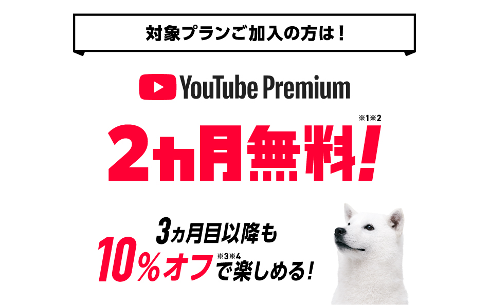 対象プランご加入の方は！YouTube Premium 2ヵ月無料！※1※2 3ヵ月以降も10％オフ※3※4で楽しめる！